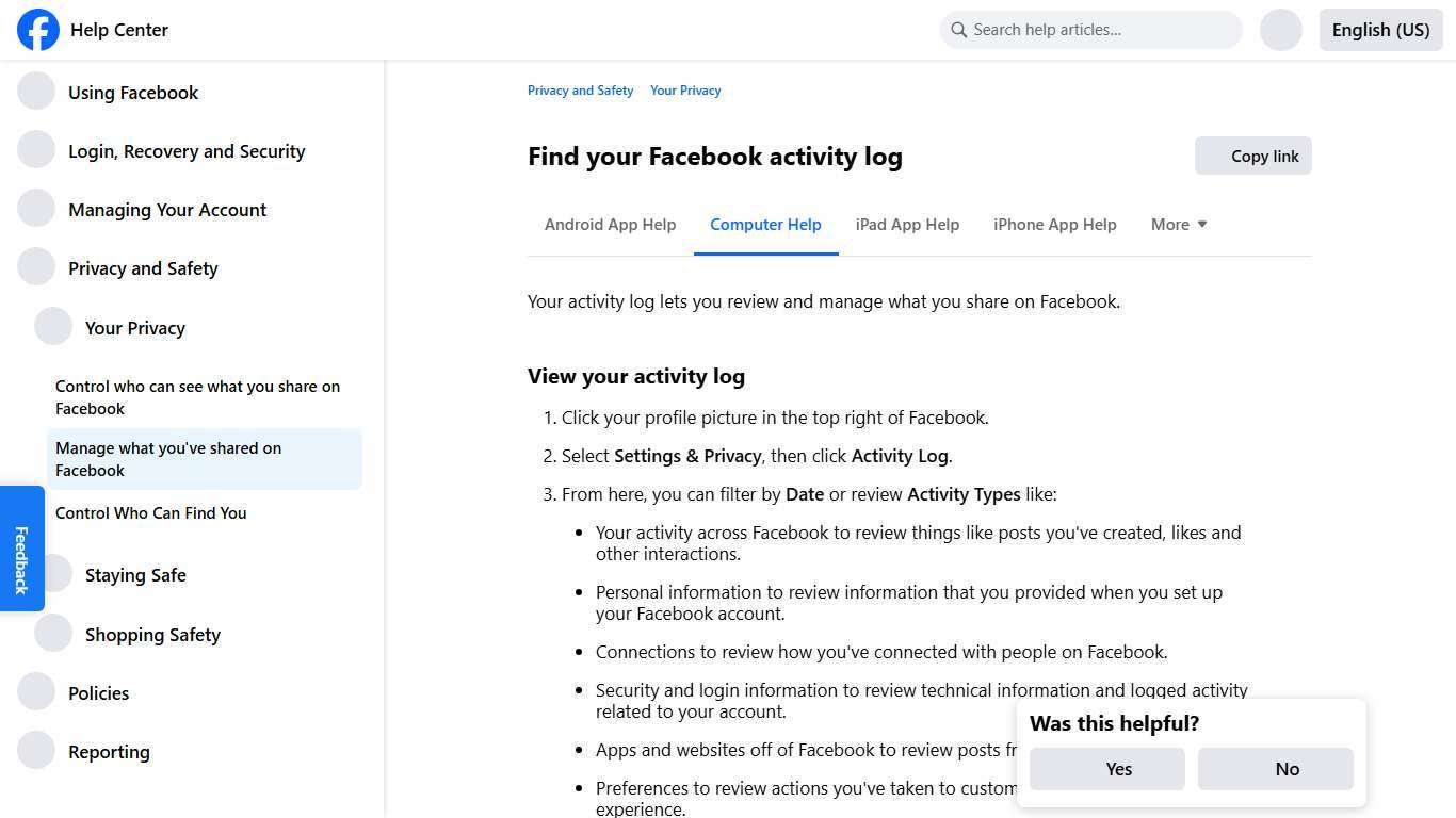 Find your Facebook activity log Facebook Help Center